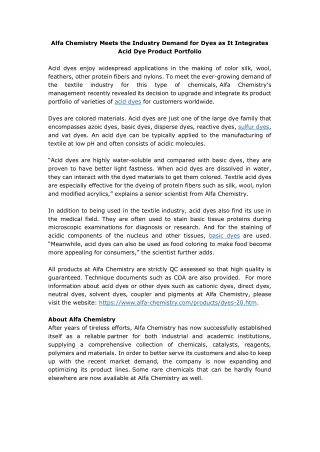 Alfa Chemistry Meets the Industry Demand for Dyes as It Integrates Acid Dye Prod