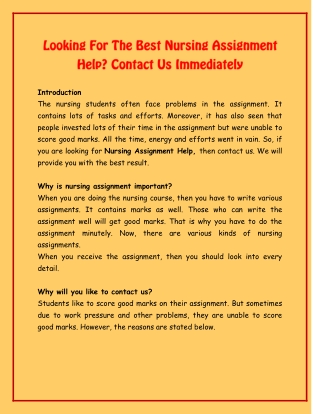 Looking For The Best Nursing Assignment Help Contact Us Immediately