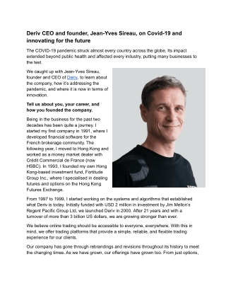 Deriv CEO and founder Jean-Yves Sireau on Covid-19 and innovating for the future