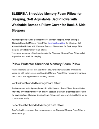 SLEEPSIA Shredded Memory Foam Pillow for Sleeping, Soft Adjustable Bed Pillows with Washable Bamboo Pillow Cover for Bac