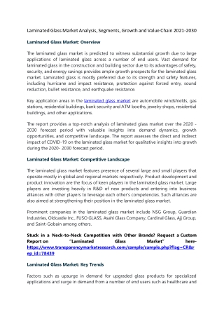 Laminated Glass Market Supply Demand, share and Value Chain 2021-2030