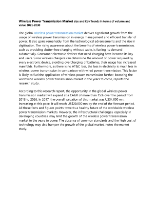 Wireless Power Transmission Market Analysis, Trends and Forecast, 2021-2030