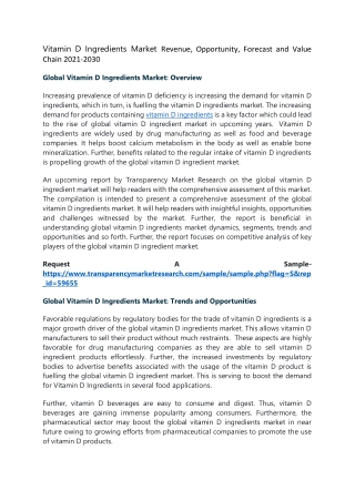 Vitamin D Ingredients Market Key Trends in terms of volume and value 2021-2030