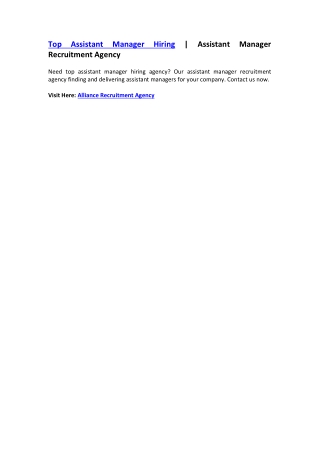 Top Assistant Manager Hiring | Assistant Manager Recruitment Agency