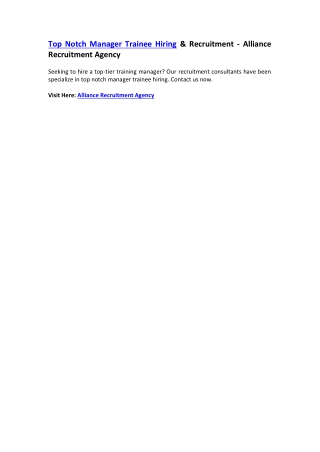 Top Notch Manager Trainee Hiring & Recruitment - Alliance Recruitment Agency