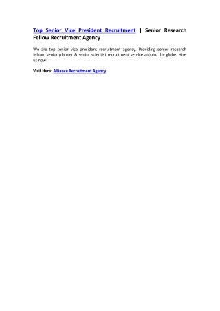 Top Senior Vice President Recruitment | Senior Research Fellow Recruitment Agenc