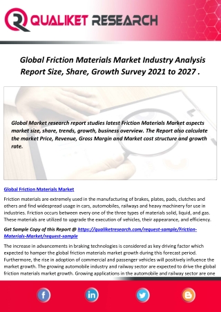 Global Friction Materials Market Industry Analysis Report Size, Share, Growth Survey 2021 to 2027