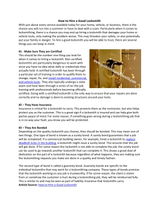 How to Hire a Good Locksmith