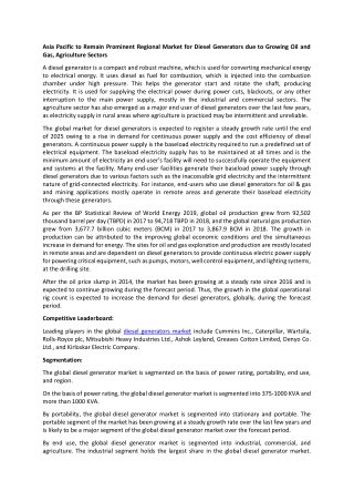 Diesel Generators Market 2021: Application, Technological Advancement