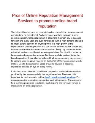 Pros of Online Reputation Management Services to promote online brand reputation