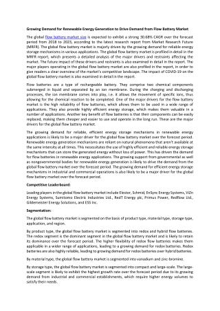 Flow Battery Market Size 2021: Business Opportunities, Company Profiles