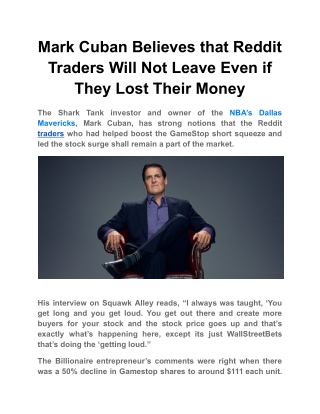 Mark Cuban Believes that Reddit Traders Will Not Leave Even if They Lost Their Money