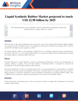 Liquid Synthetic Rubber Market projected to touch US$ 22.98 billion by 2025