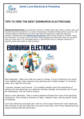 Choose the Best Electrician Edinburgh - David Love Electrical & Plumbing