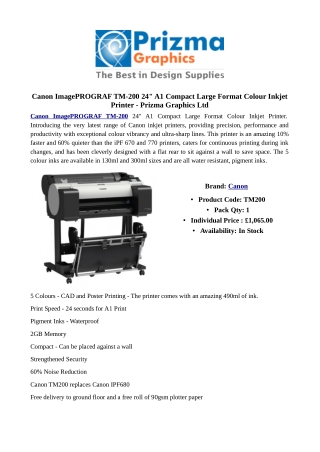 Canon ImagePROGRAF TM-200 24" A1 Compact Large Format Colour Inkjet Printer - Prizma Graphics Ltd