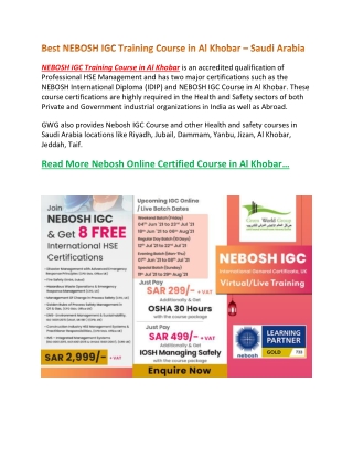 Best NEBOSH IGC Training Course in Al Khobar – Saudi Arabia