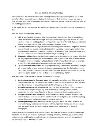 Dos and Don'ts in Wedding Planning