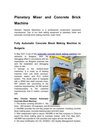 Planetary Mixer and Concrete Brick Machine