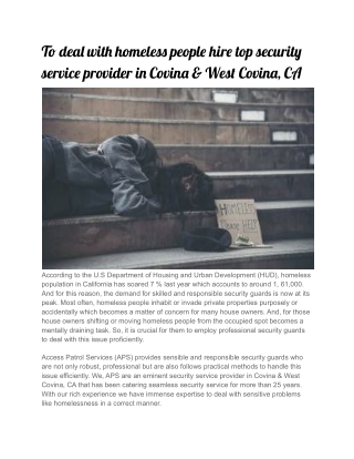 To deal with homeless people hire top security service provider in Covina & West Covina, CA