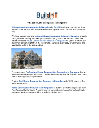 Villa construction companies in Bangalore