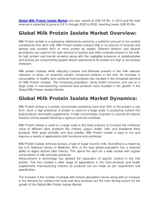 Global Milk Protein Isolate Market size was valued at US