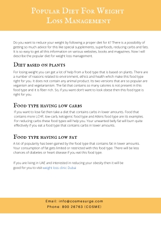 Popular Diet for Weight Loss Management