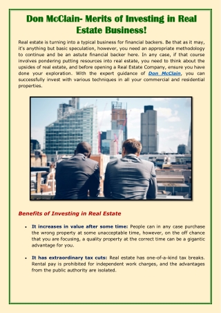 Don McClain- Merits of Investing in Real Estate Business