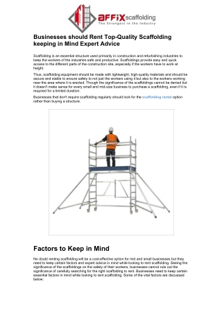 Businesses should Rent Top-Quality Scaffolding keeping in Mind Expert Advice