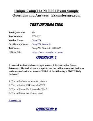 Unique CompTIA N10-007 Exam Sample Questions and Answers | Examsforsure.com