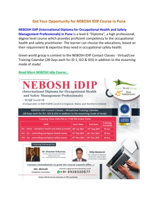 Get Your Opportunity for NEBOSH IDIP Course in Pune