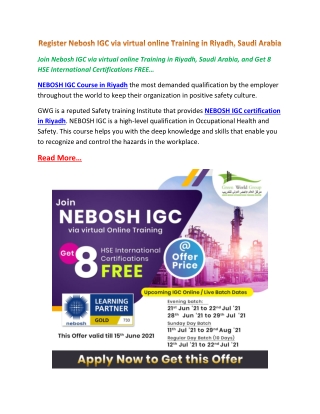 Register Nebosh IGC via virtual online Training in Riyadh, Saudi Arabia