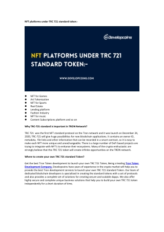 NFT platforms under TRC 721 standard token