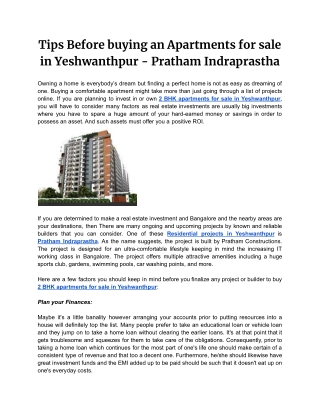 Tips Before buying an Apartments for sale in Yeshwanthpur - Pratham Indraprastha