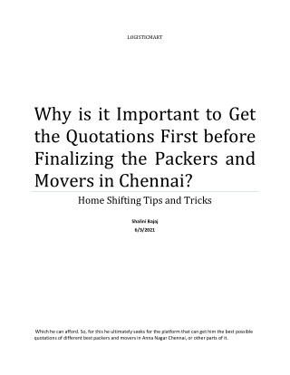 Why is it Important to Get the Quotations First before Finalizing the Packers and Movers in Chennai