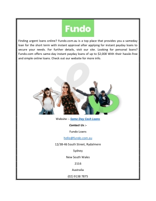 Same Day Cash Loans | Fundo.com.au
