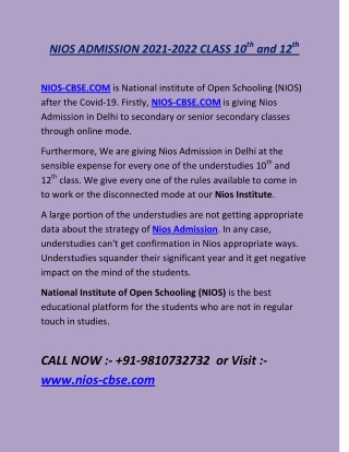 NIOS 10th 12th ADMISSION Delhi 2021