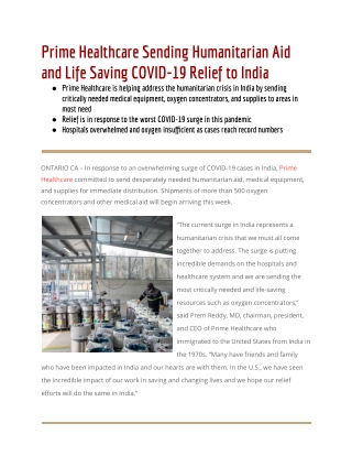 Prime Healthcare Sending Humanitarian Aid and Life Saving COVID-19 Relief to India