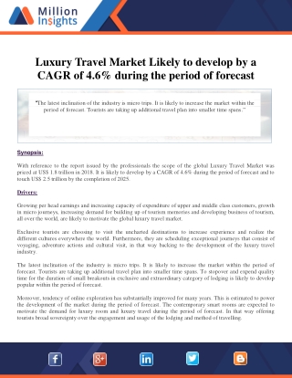 Luxury Travel Market Likely to develop by a CAGR of 4.6% during the period of fo