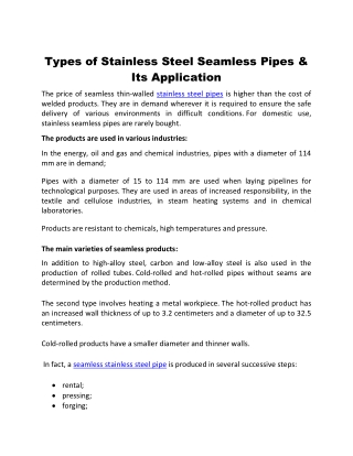 Types of Stainless Steel Seamless Pipes & Its Application