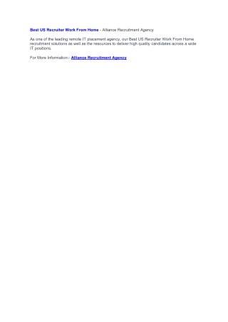 US IT Recruiter For Work From Home - Alliance Recruitment Agency