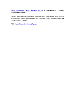 Most Prominent Store Manager Hiring & Recruitment - Alliance Recruitment Agency