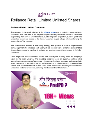 Reliance Retail Limited Pre IPO Planify