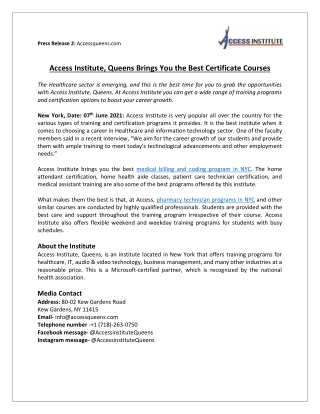 Access Institute, Queens Brings You The Best Certificate Courses