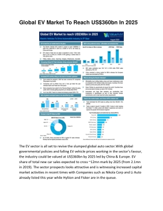 Global EV Market To Reach US$360bn In 2025