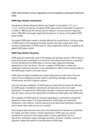 HDPE Pipes Market Trends, Regulations And Competitive Landscape Outlook to 2030
