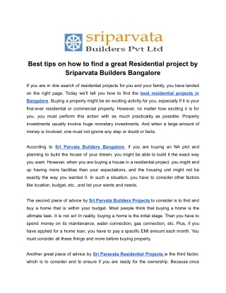 Best tips on how to find a great Residential project by Sriparvata Builders Bangalore