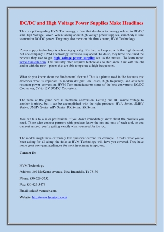 DC/DC and High Voltage Power Supplies Make Headlines