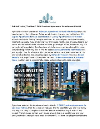Sohan Exotica, The Best 3 BHK Premium Apartments for sale near Hebbal