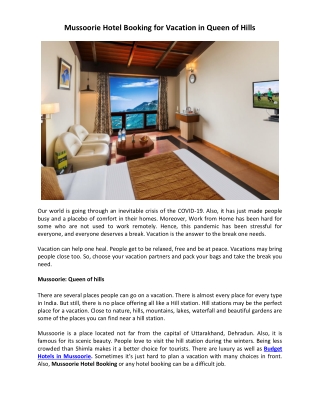 Mussoorie Hotel Booking for Vacation in Queen of Hills