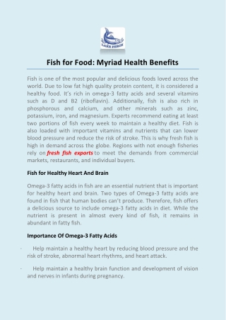 Fish for Food: Myriad Health Benefits